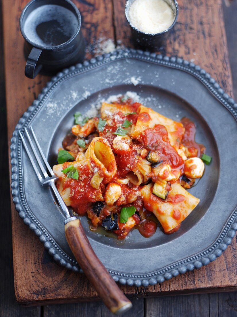 Paccheri pasta with tomato and aubergine sauce