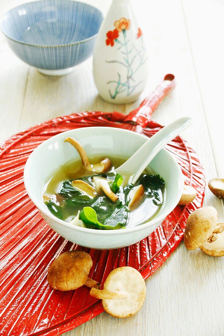 Miso soup with wakame and shiitake mushrooms