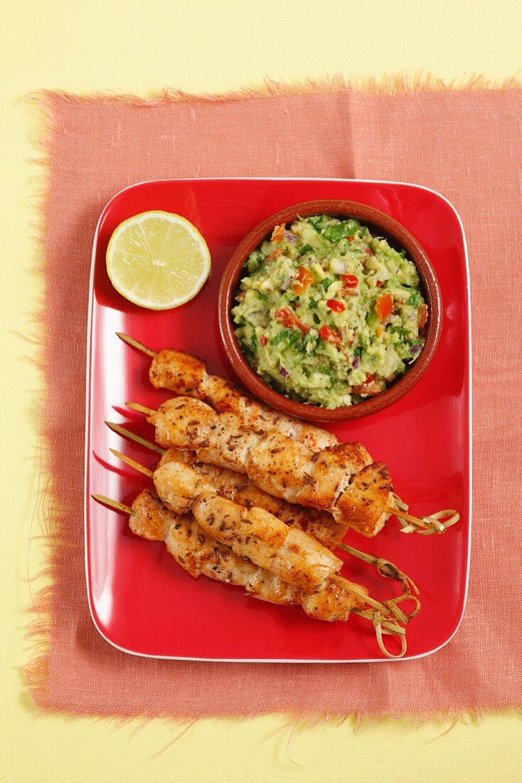 Chicken skewers with guacamole
