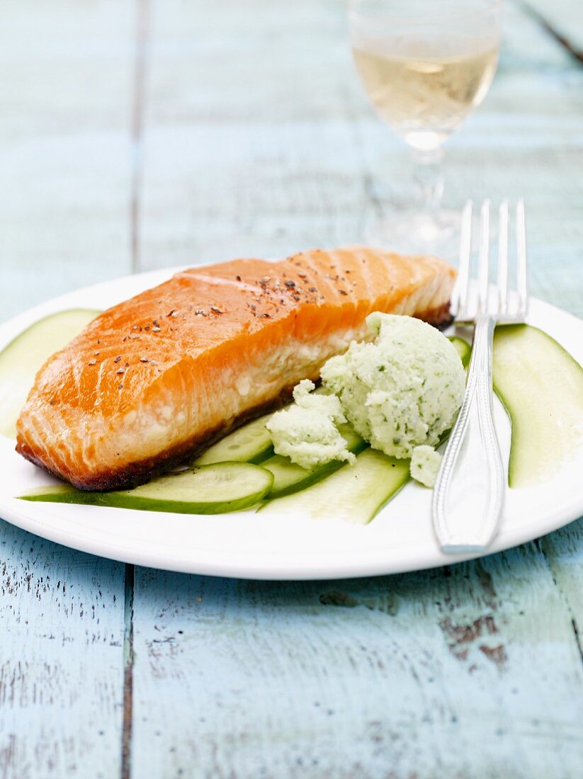 Salmon fillet, pan fried on one side and cucumber sorbet