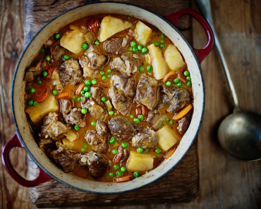 Rustic lamb casserole with fresh peas