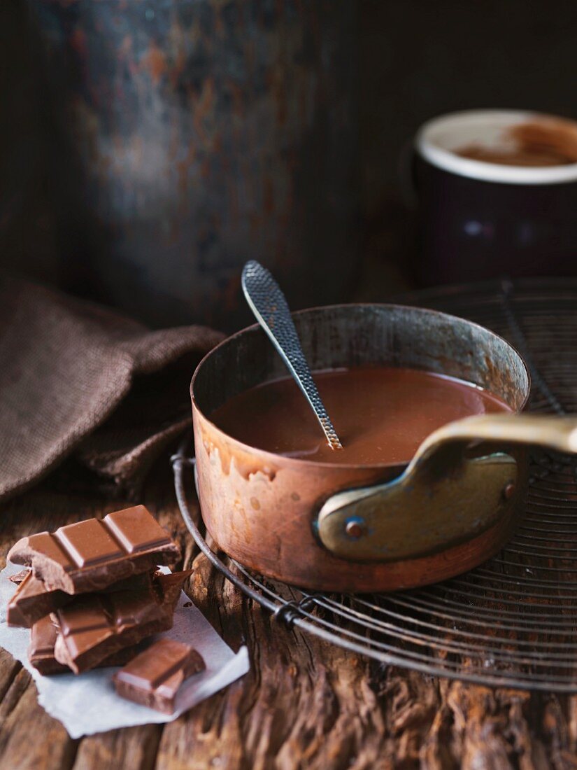 Chocolate melting in a copper pan