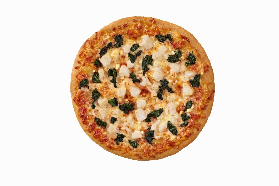 Whole Spinach and Feta Cheese Pizza on a White Background; From Above