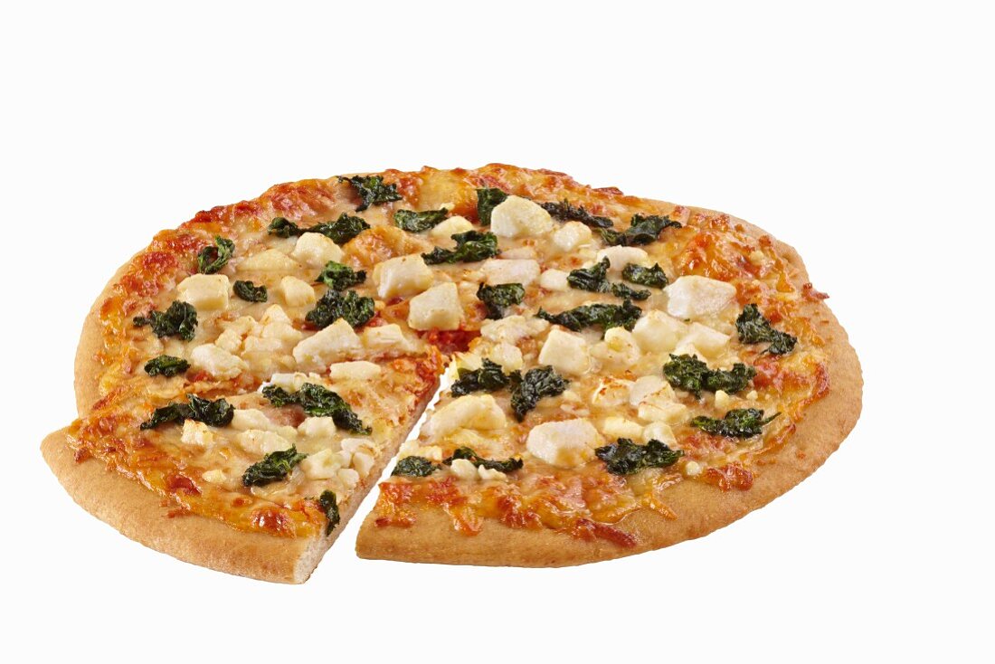 Spinach and Feta Cheese Pizza Sliced Once on a White Background