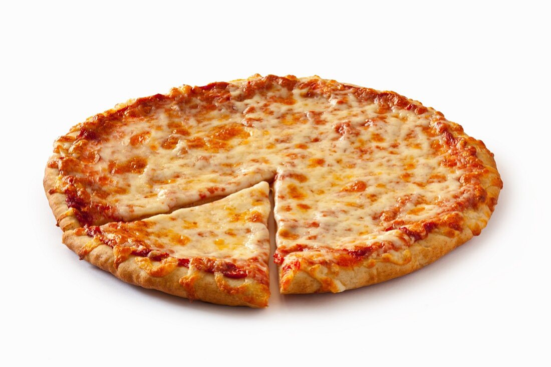 Plain Cheese Pizza Sliced Once on a White Background