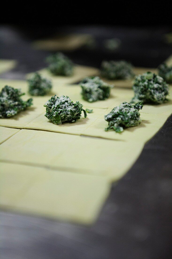 Raw squares of pasta dough, with spinach and ricotta mixture