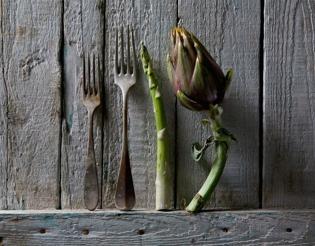 Artichoke, asparagus and rusty forks against a rustic wooden wall