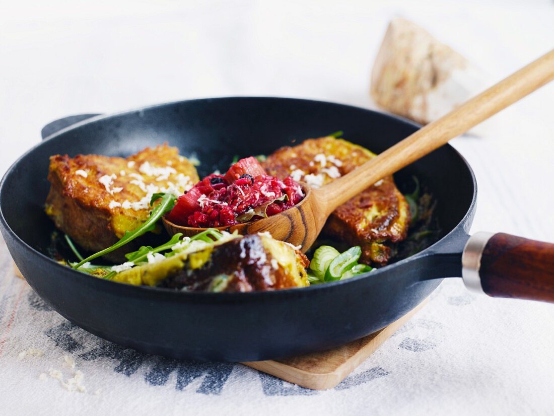 Fried bread with horseradish and rhubarb chutney and rocket