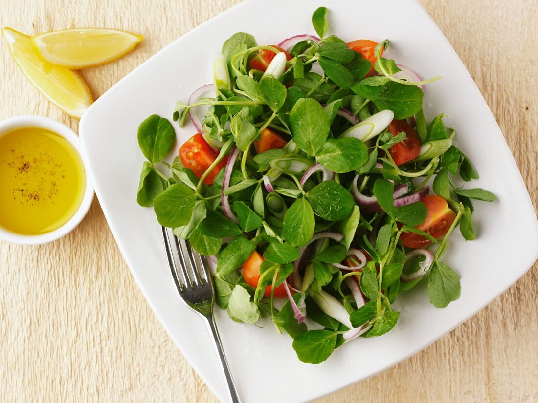 Pea shoot salad with tomatoes and onions