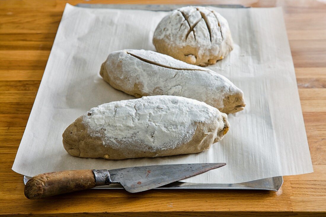 Unbaked rolls on grease-proof paper