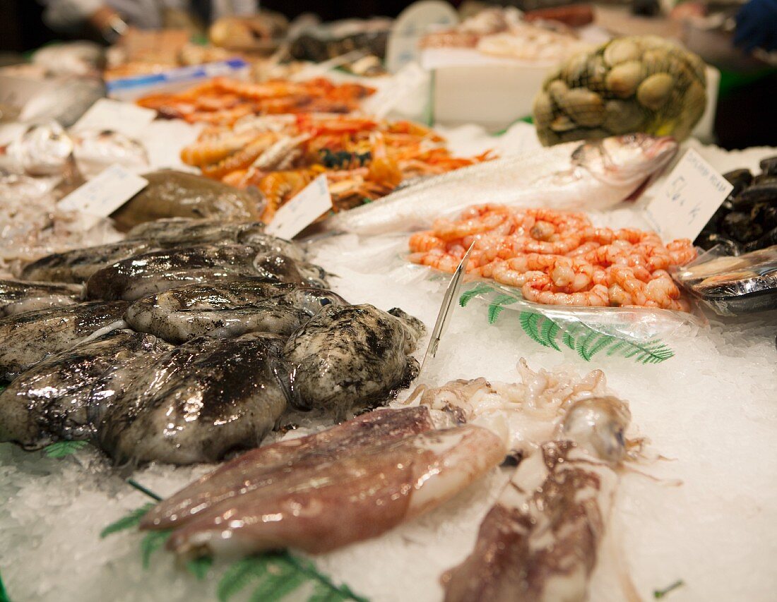 Fisch und Meeresfrüchte auf einem Markt in Barcelona