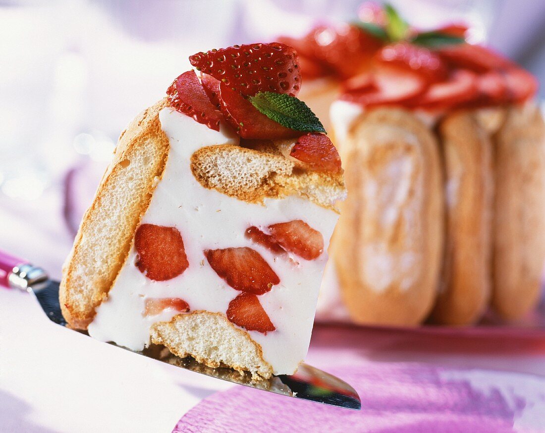 Strawberry charlotte, one slice on a cake slice
