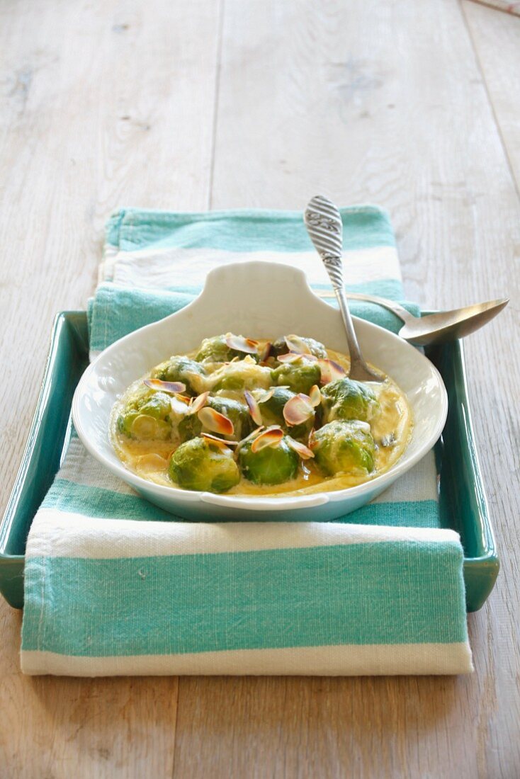 Brussels sprouts with slivered almonds and cheese sauce