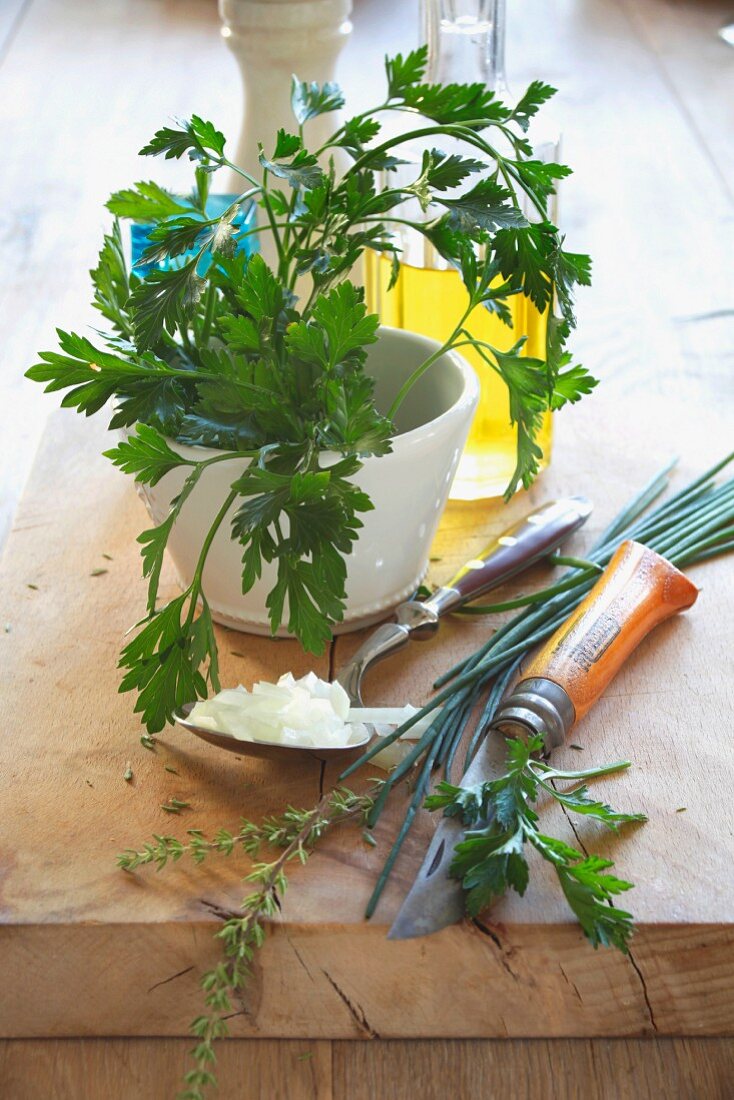 Ingredients for a herb marinade with chopped onions