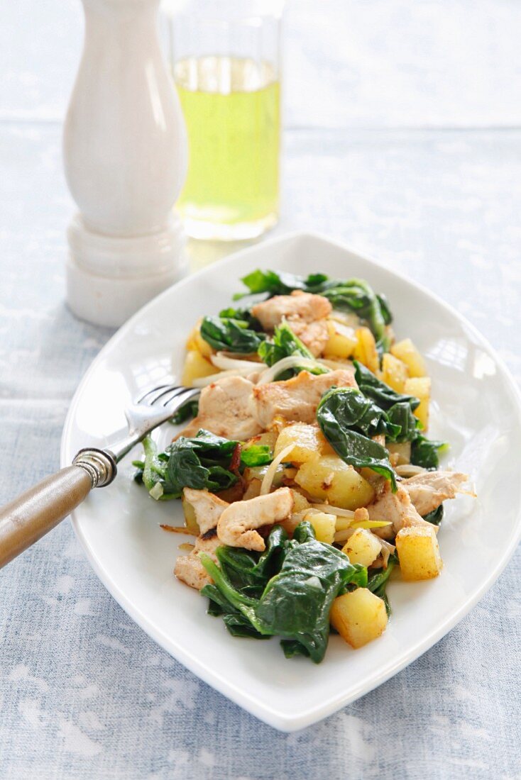 Pan-fried chicken with spinach and potatoes