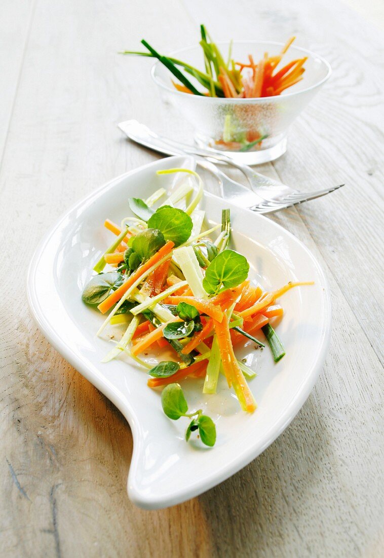 Leeks with carrots and watercress