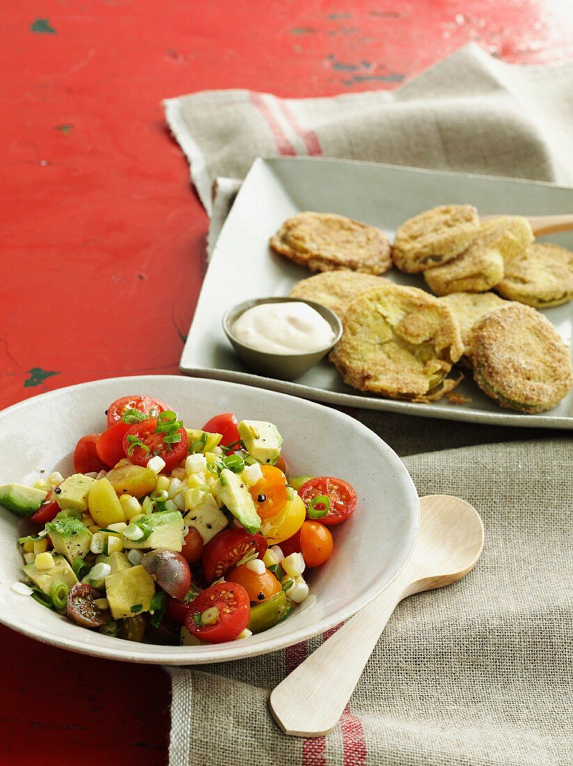 Tomato and avocado salad and corn biscuits