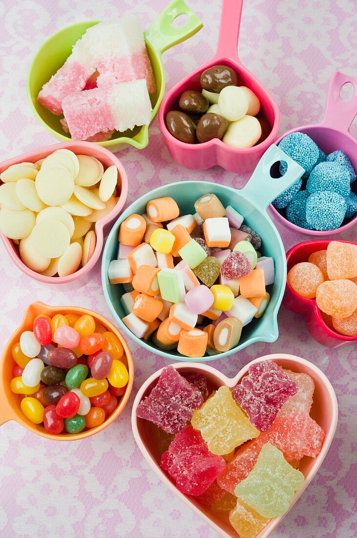 bowls of mixed sweets, jellies; chocolates