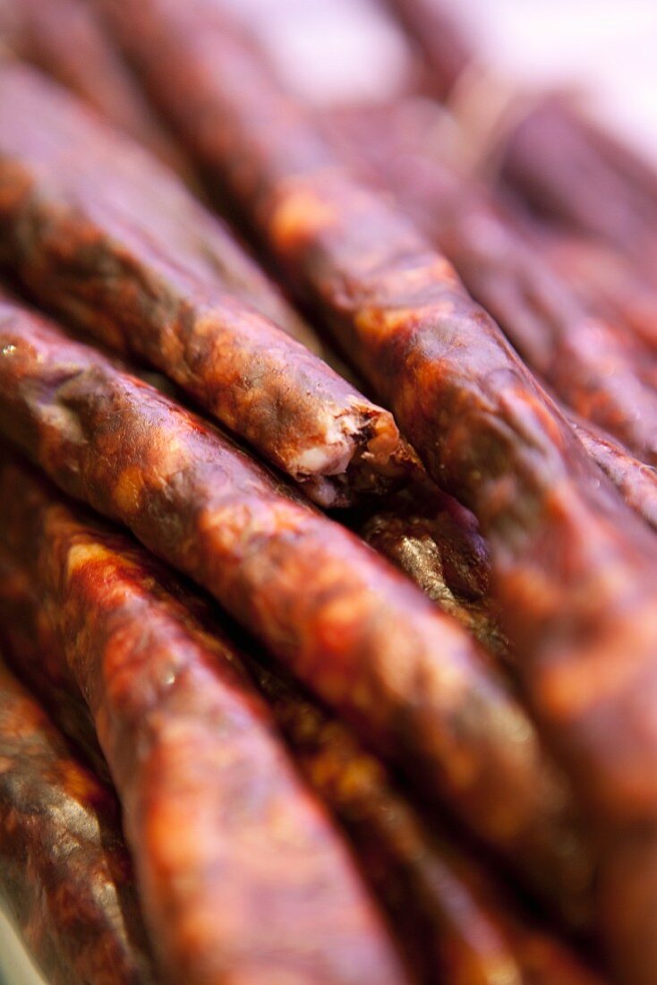 Several chorizo sausages (close-up)