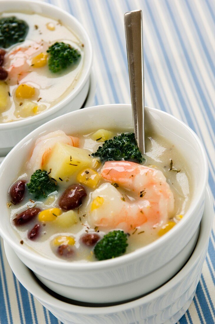 Bowls of Cajun Shrimp, Corn and Bean Bisque