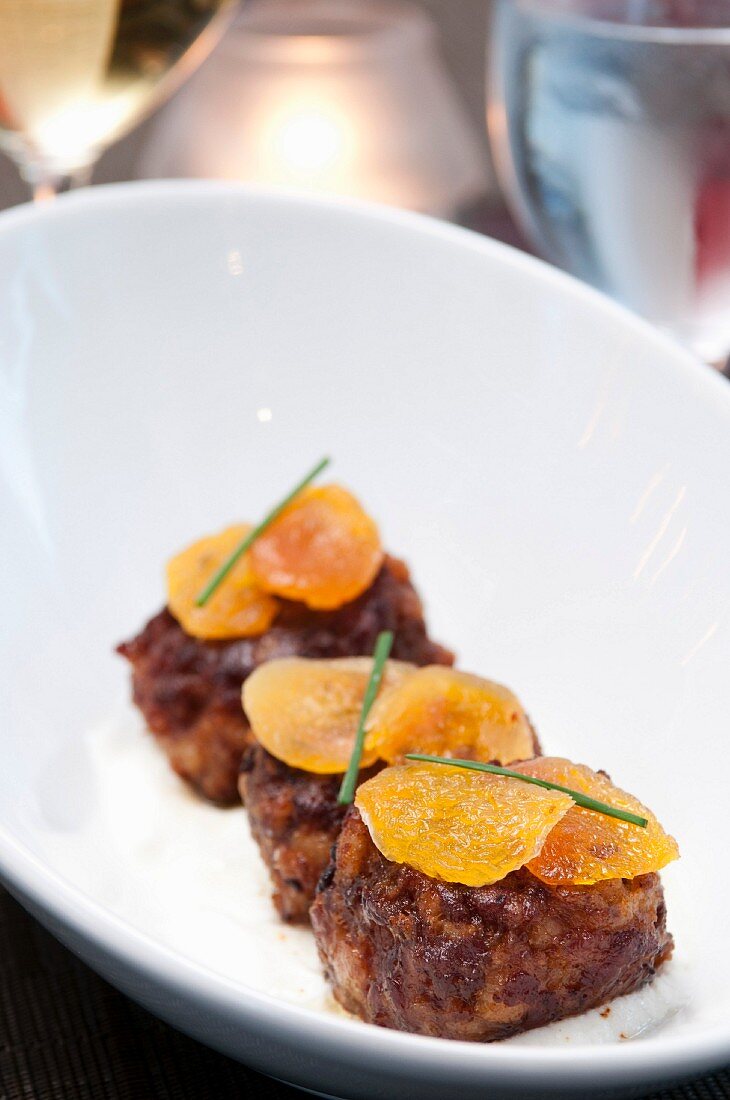 Duck Meatballs Topped with Dried Apricots