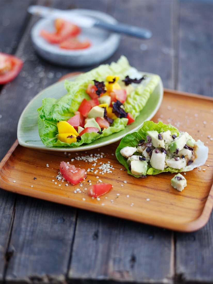 Vegetable salad on leaves of Romano lettuce