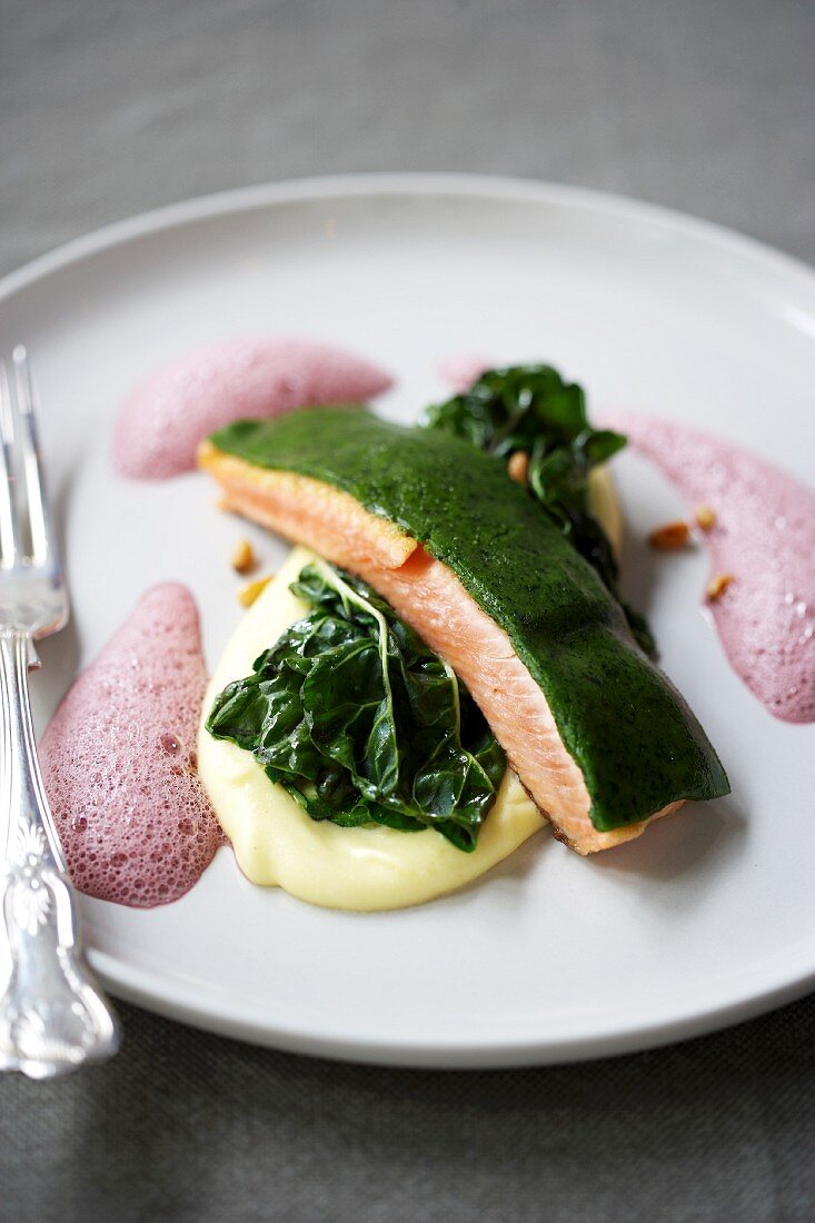 Rainbow trout with a herb crust and red wine foam
