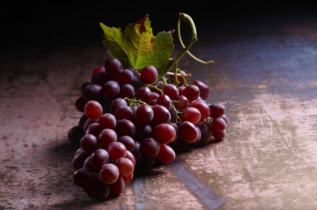 Red grapes with a vine leaf