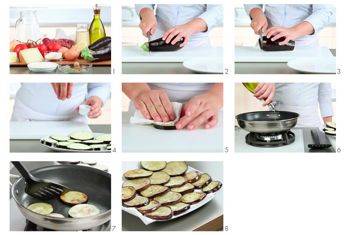 Sliced aubergines being fried