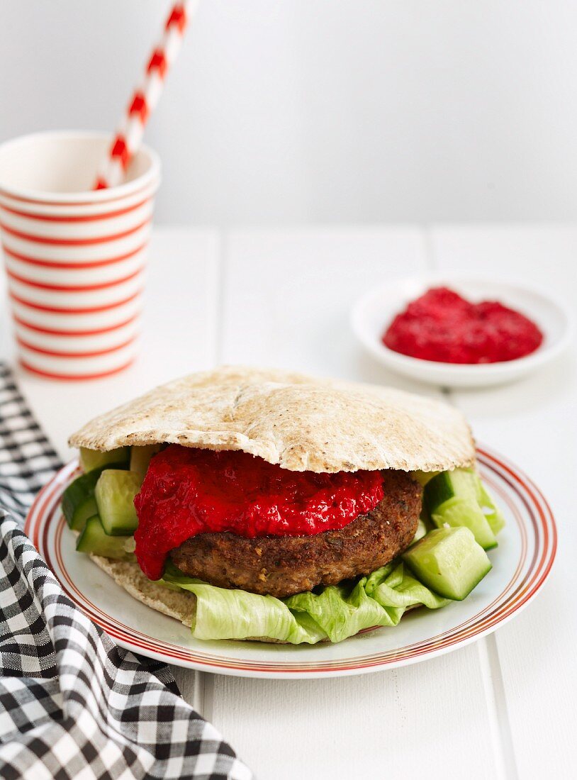 Lamb burger with beetroot sauce in pita bread