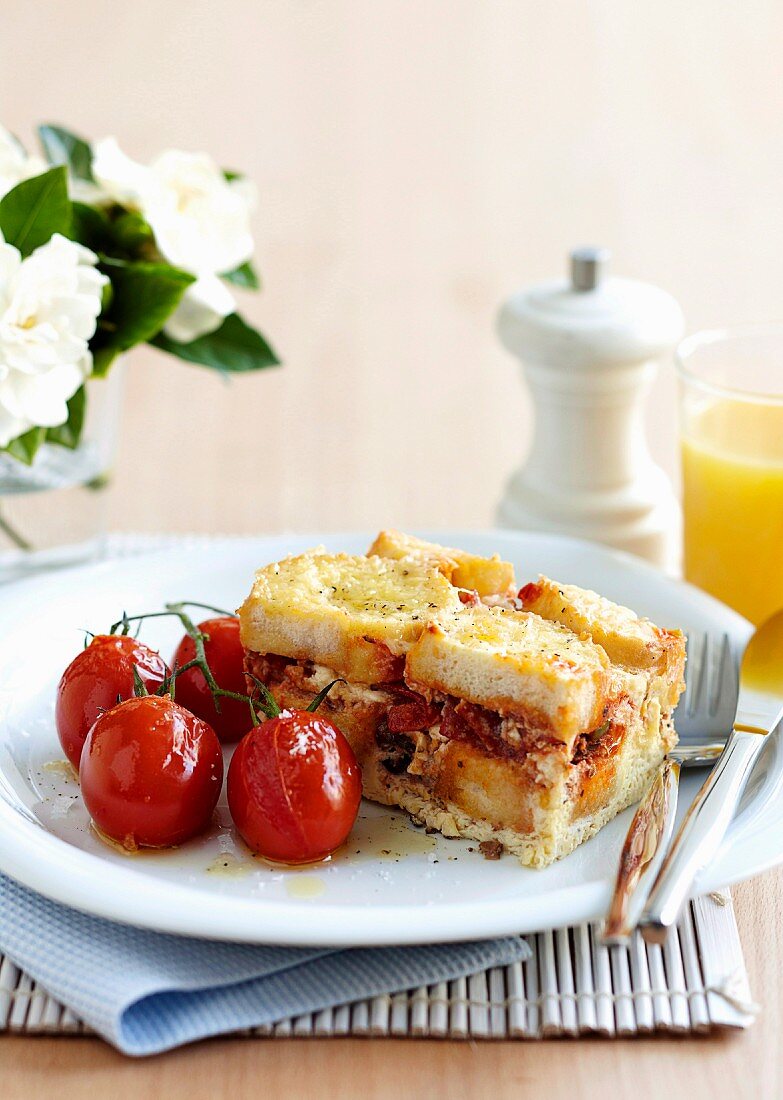 Savoury bread pudding with vegetables and feta cheese
