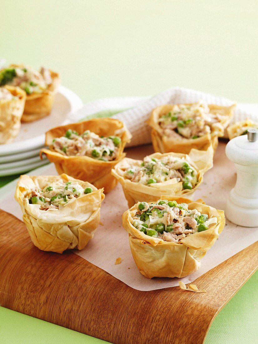 Filo pastry cases filled with tuna and vegetables