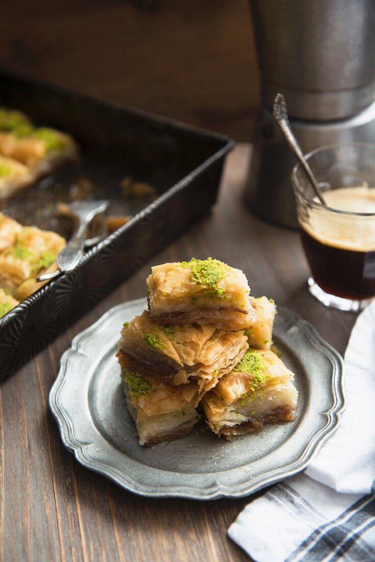 Baklava with a cup of coffee