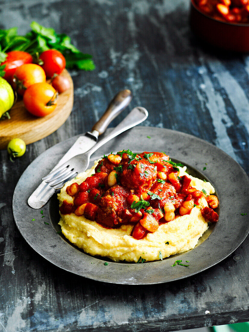 Braised meatballs with white beans