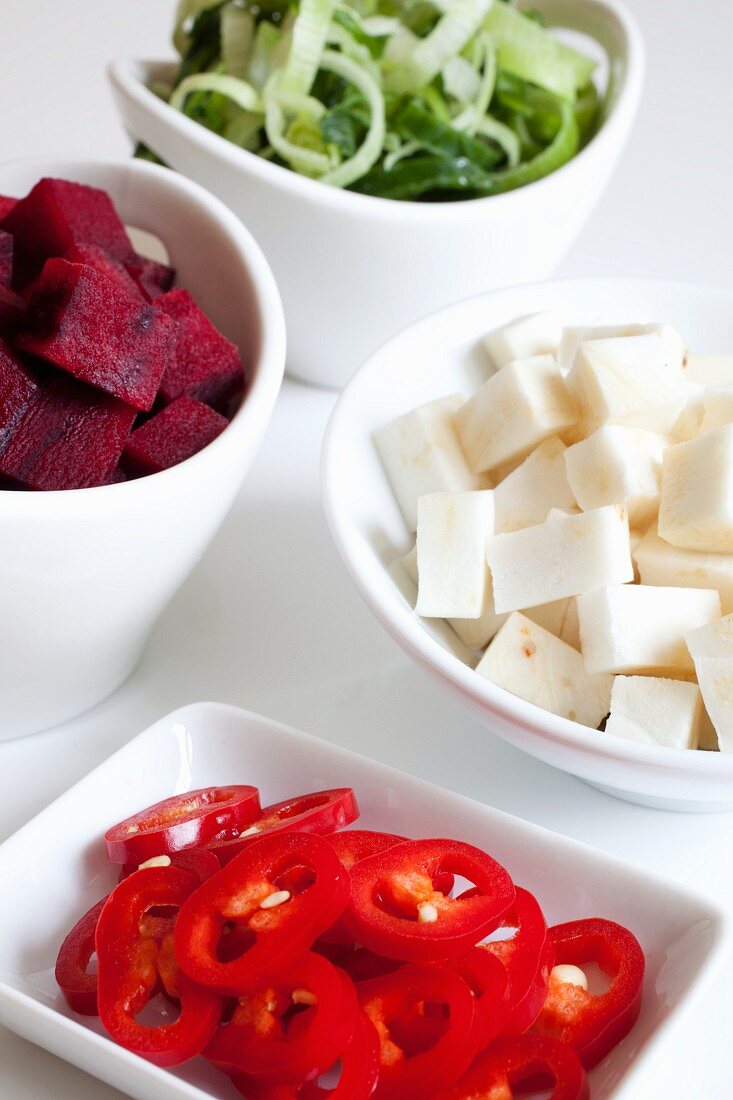 Prepared vegetables, sliced red chilli, diced beetroot, sliced leeks and diced celeriac