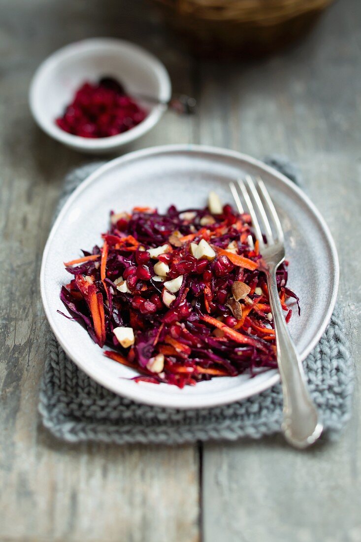 Red cabbage salad with pomegranate and Brazil nuts