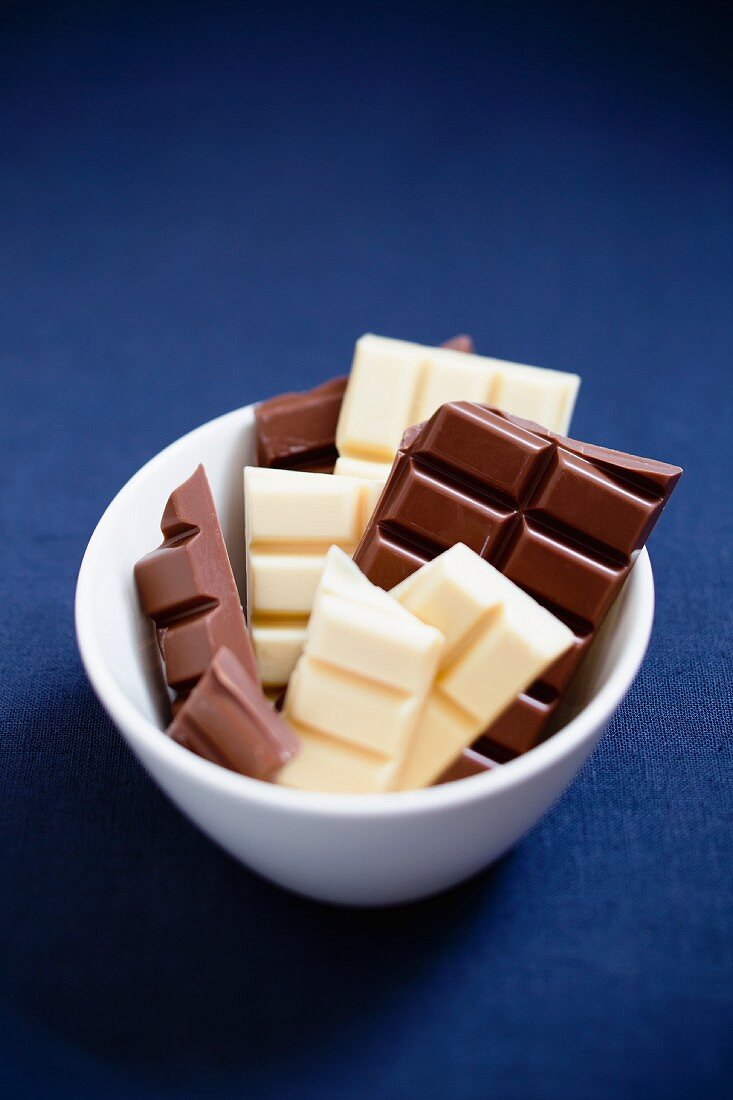 Chunks of white and dark chocolate in a bowl