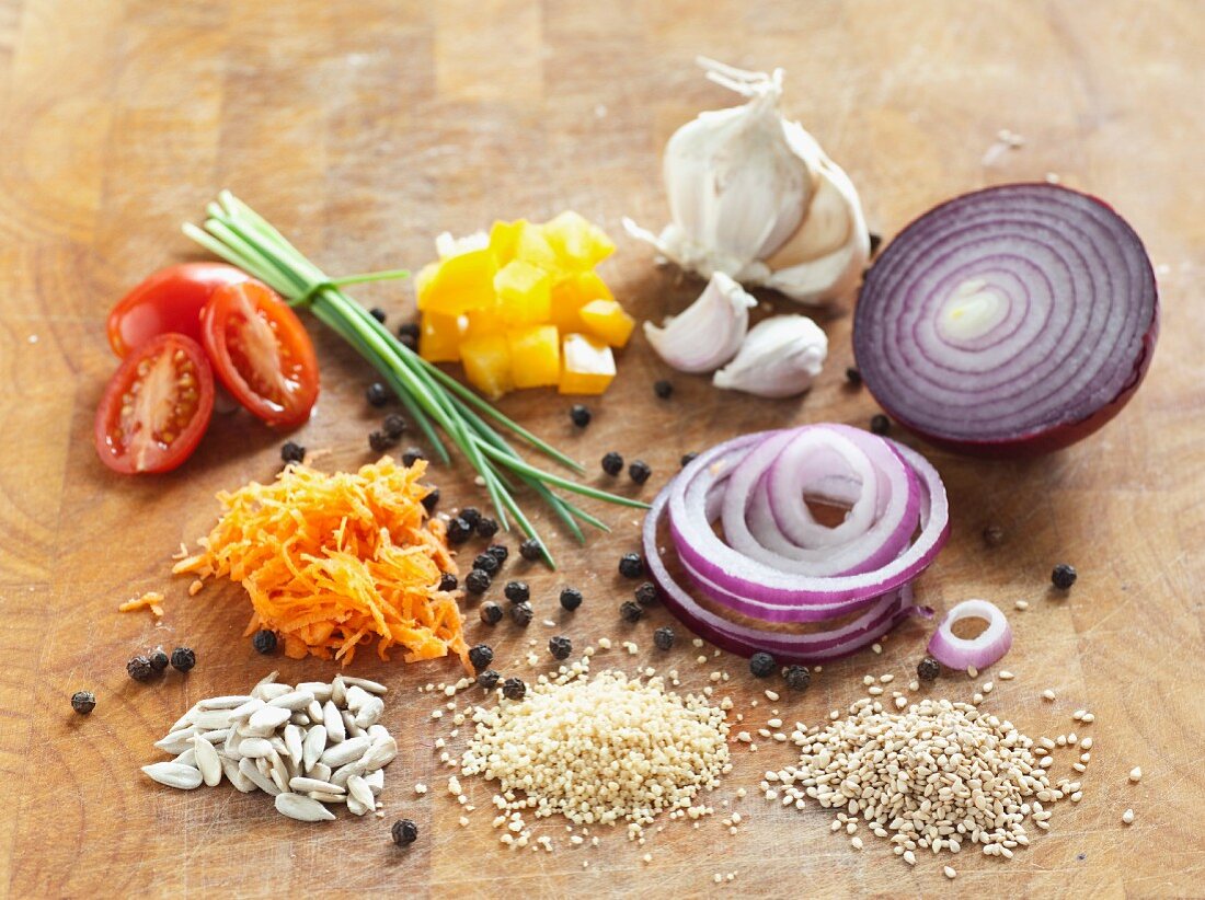 Assorted ingredients on a wooden board