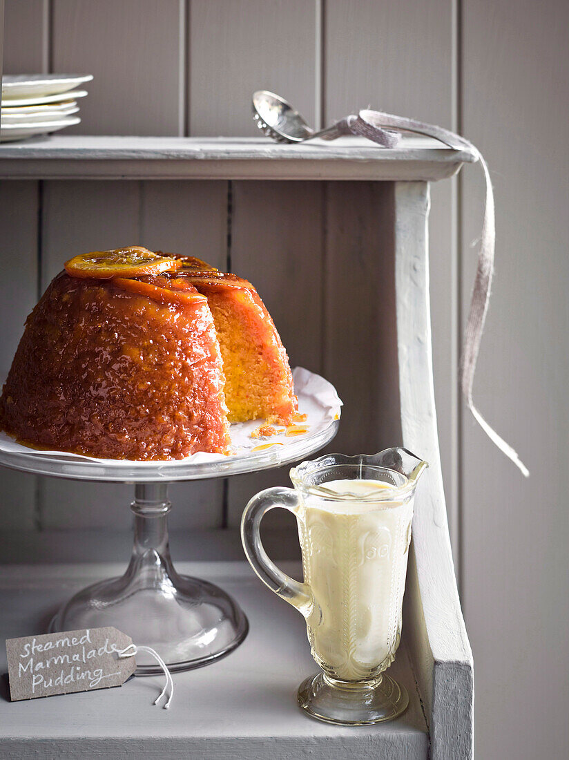 Steamed marmalade pudding with thick English custar