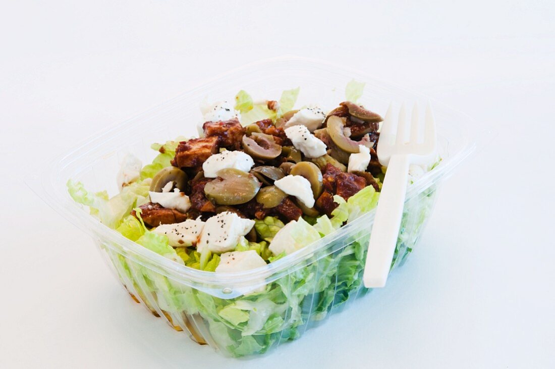 Salad To-Go in a Plastic Container with a Platic Fork; White Background