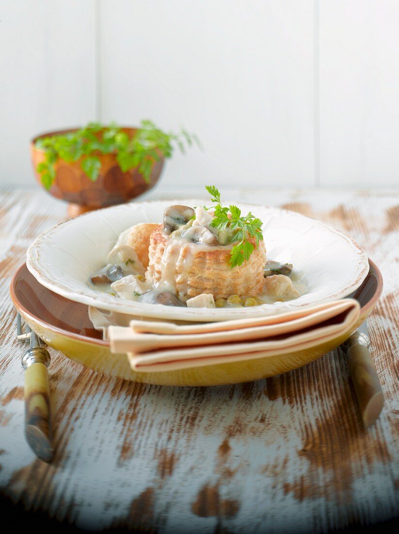 Puff pastry vol-au-vent filled with chicken and mushrooms