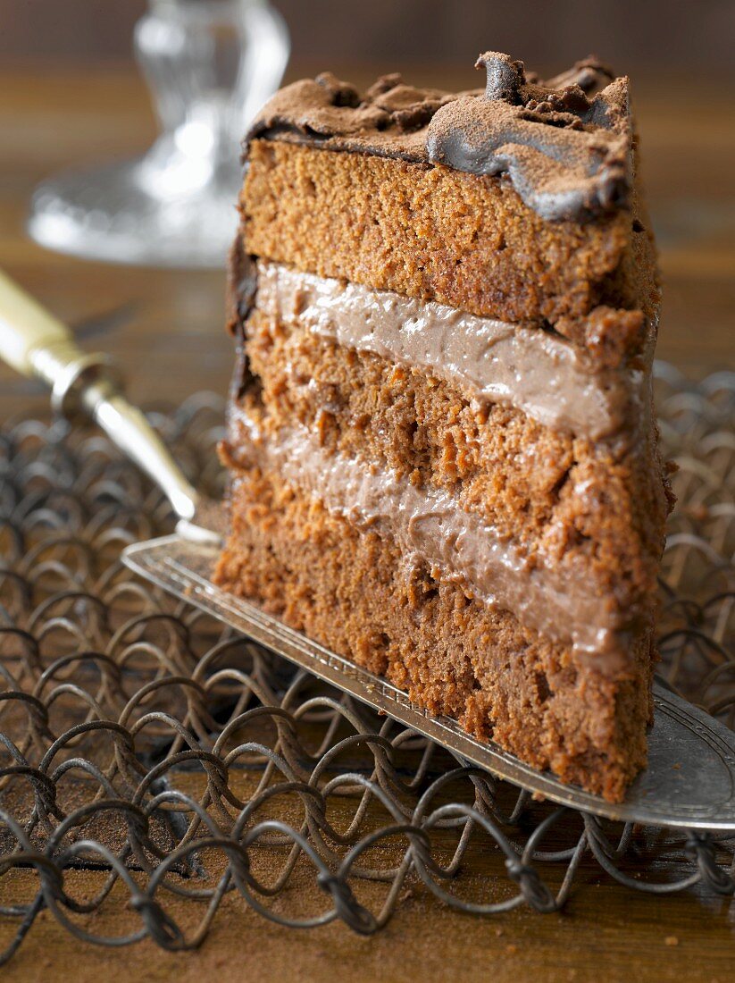 A slice of chocolate torte on a cake slice