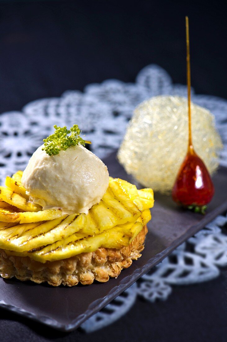 Pineapple tart with pineapple and coconut parfait