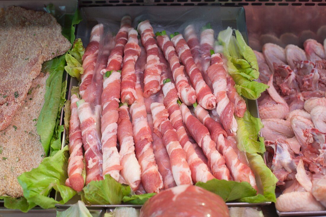 Prosciutto Wrapped Asparagus in a Display Case at a Market in Palermo, Sicily
