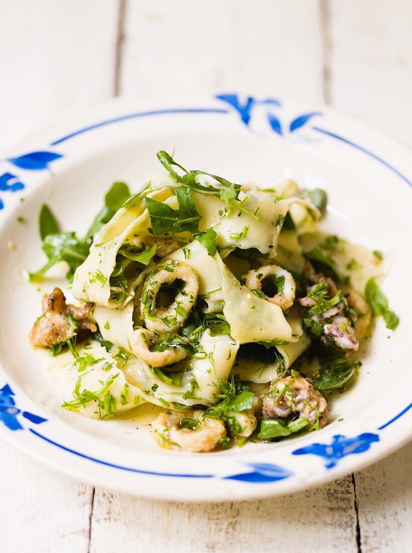 Ribbon pasta with herbs and calamari