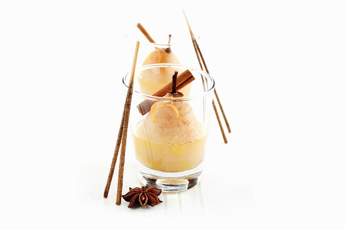 Pear dessert with cinnamon sticks and star anise