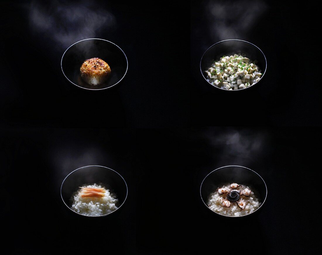 Vier Donburi (bedeckter Reis, Japan)