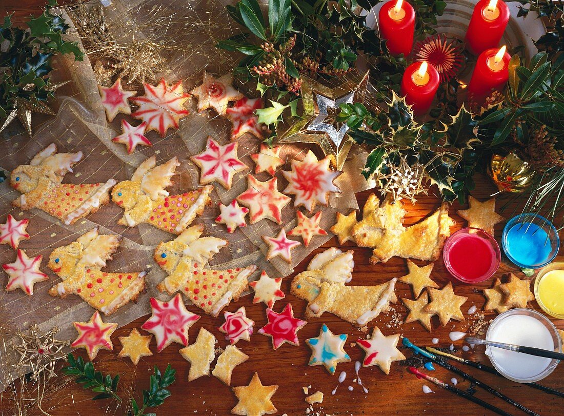 Assorted Christmas biscuits made from shortcrust pastry (angels, stars)