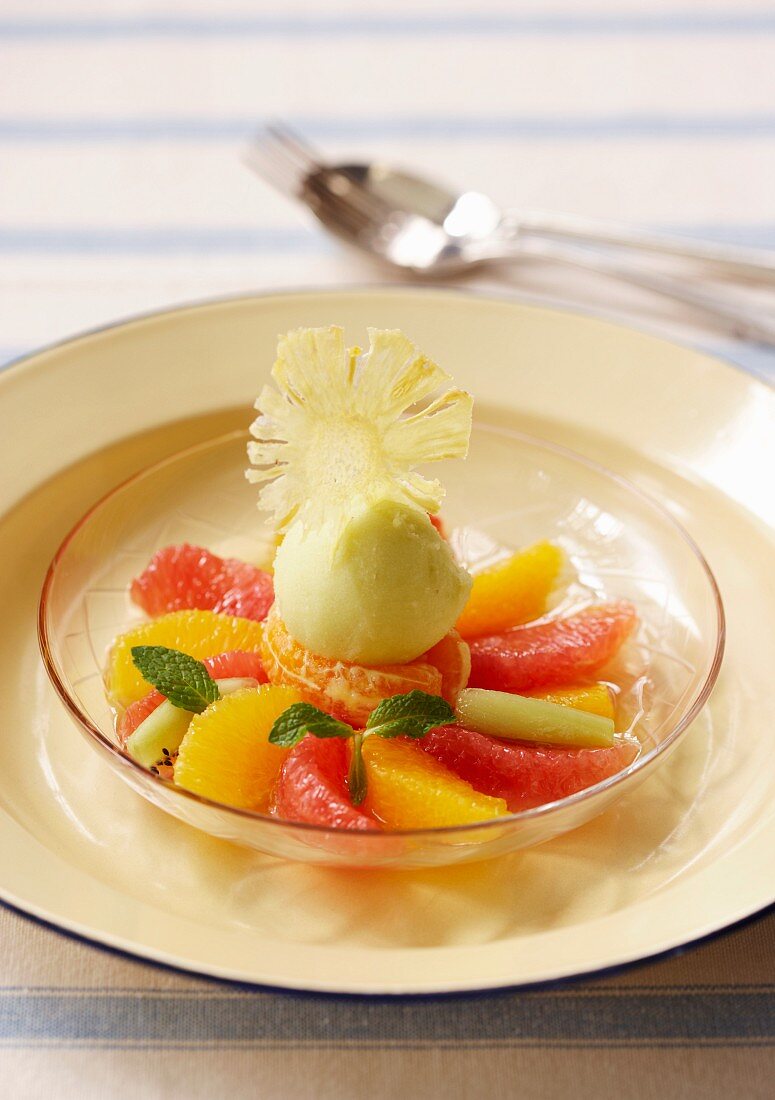 Citrus fruit salad with pineapple and mint sorbet