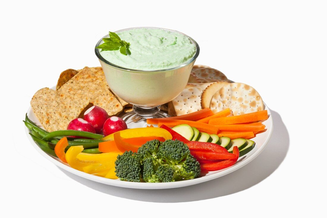 Veggie and Cracker Platter with Benedictine Dip (a Southern Spread made with Cucumber, Onion and Cream Cheese); White Background